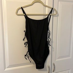 Black one piece side tie swimsuit